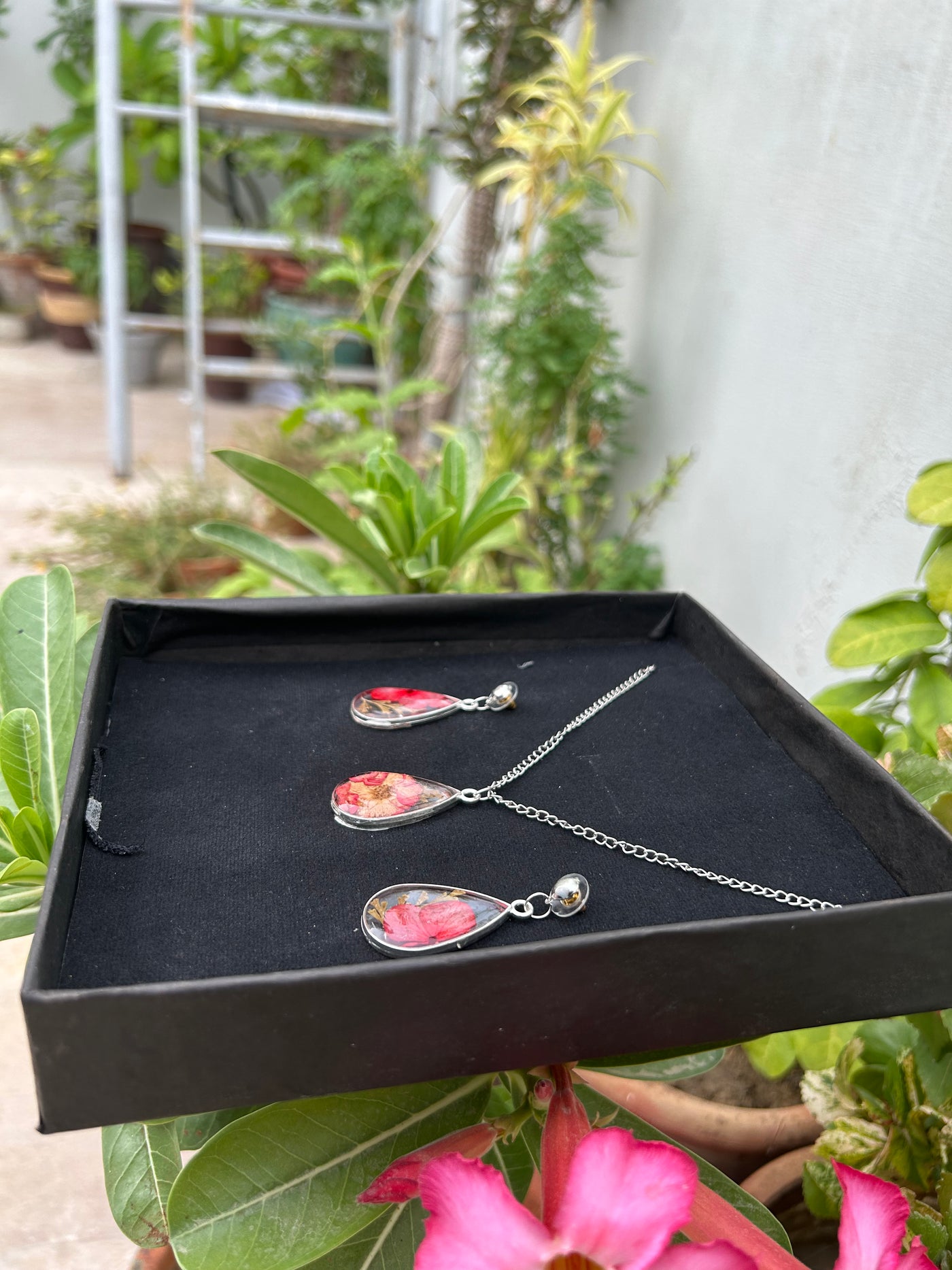Handmade Resin Chain Locket & Earrings Set – Floral Design