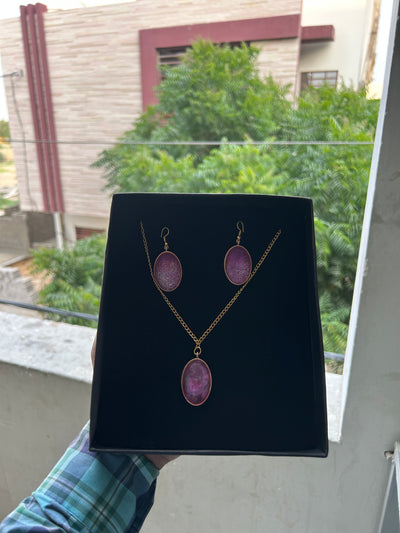 Elegant Pink Resin Locket Chain & Earrings Set – Shiny Finish