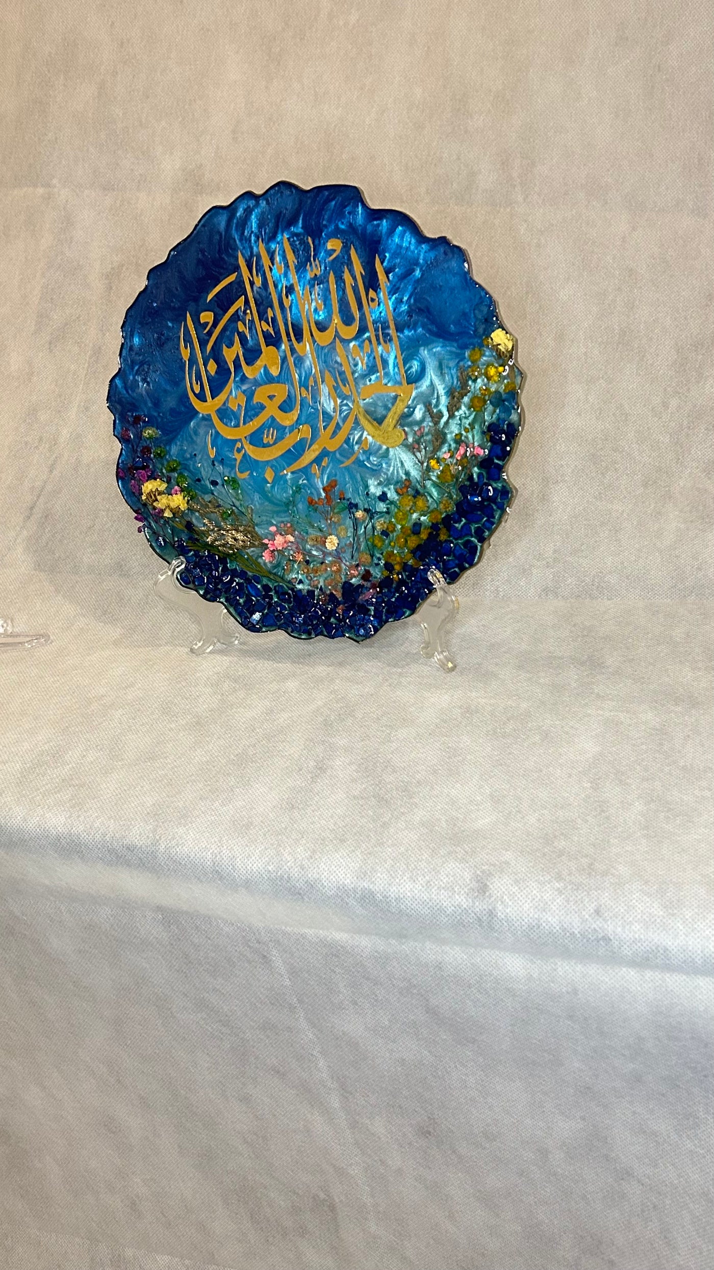 Resin Ocean Blue and gold Alhumdulillah frame with free stand/Chain, Wedding Gift ,Islamic Decoration Pieces, Ayat ul kursi Frame decor