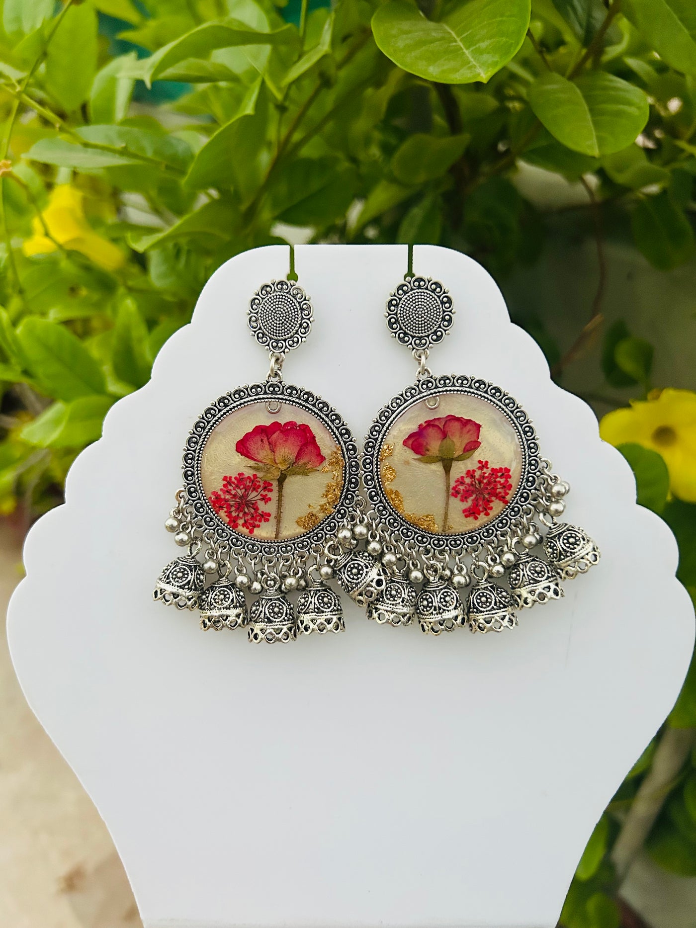 Elegant Jhumka Style Resin Earrings with Red Rose