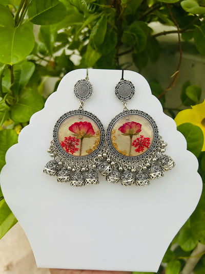 Elegant Jhumka Style Resin Earrings with Red Rose