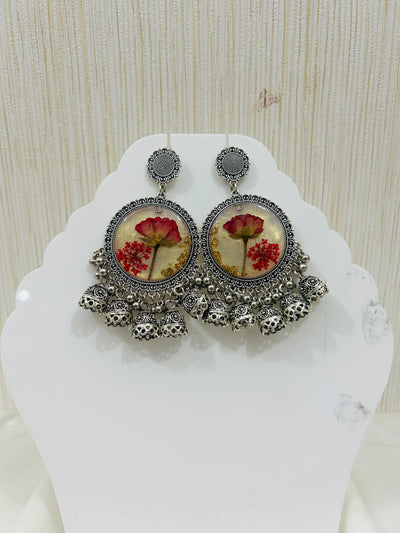 Elegant Jhumka Style Resin Earrings with Red Rose