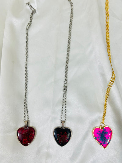 Heart Shape Black Resin Chain Locket with Red Flower