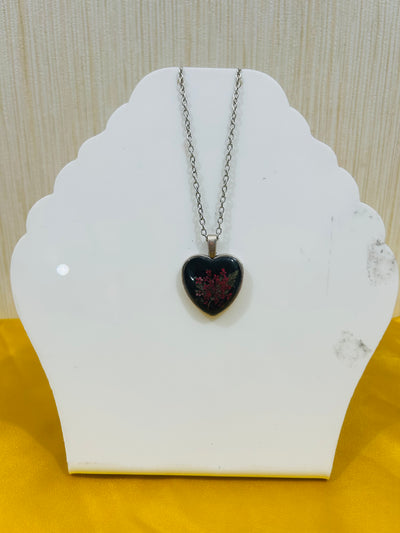 Heart Shape Black Resin Chain Locket with Red Flower