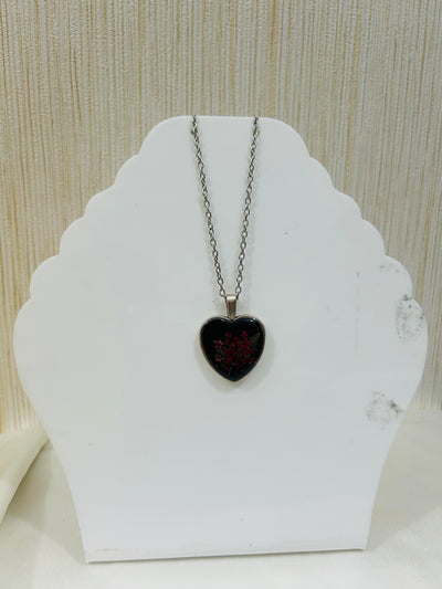 Heart Shape Black Resin Chain Locket with Red Flower