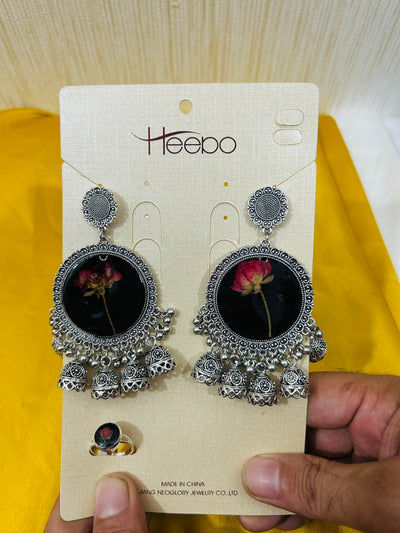 Elegant Floral Dangle Earrings with Matching Ring-Resin Large silver jhumke