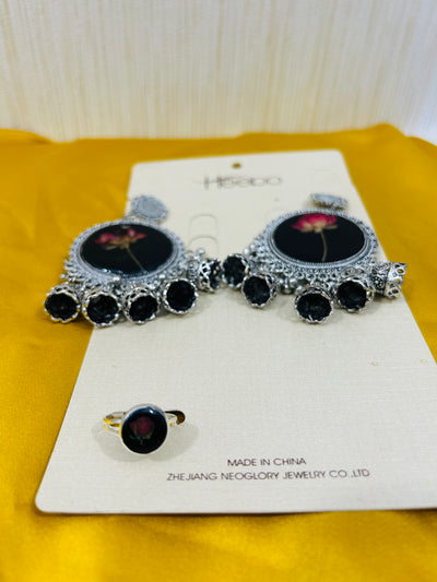 Elegant Floral Dangle Earrings with Matching Ring-Resin Large silver jhumke
