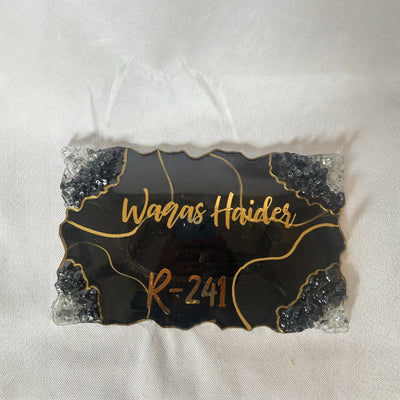 Custom Resin Home Name Plate – Black & Gold with Crystal Accents