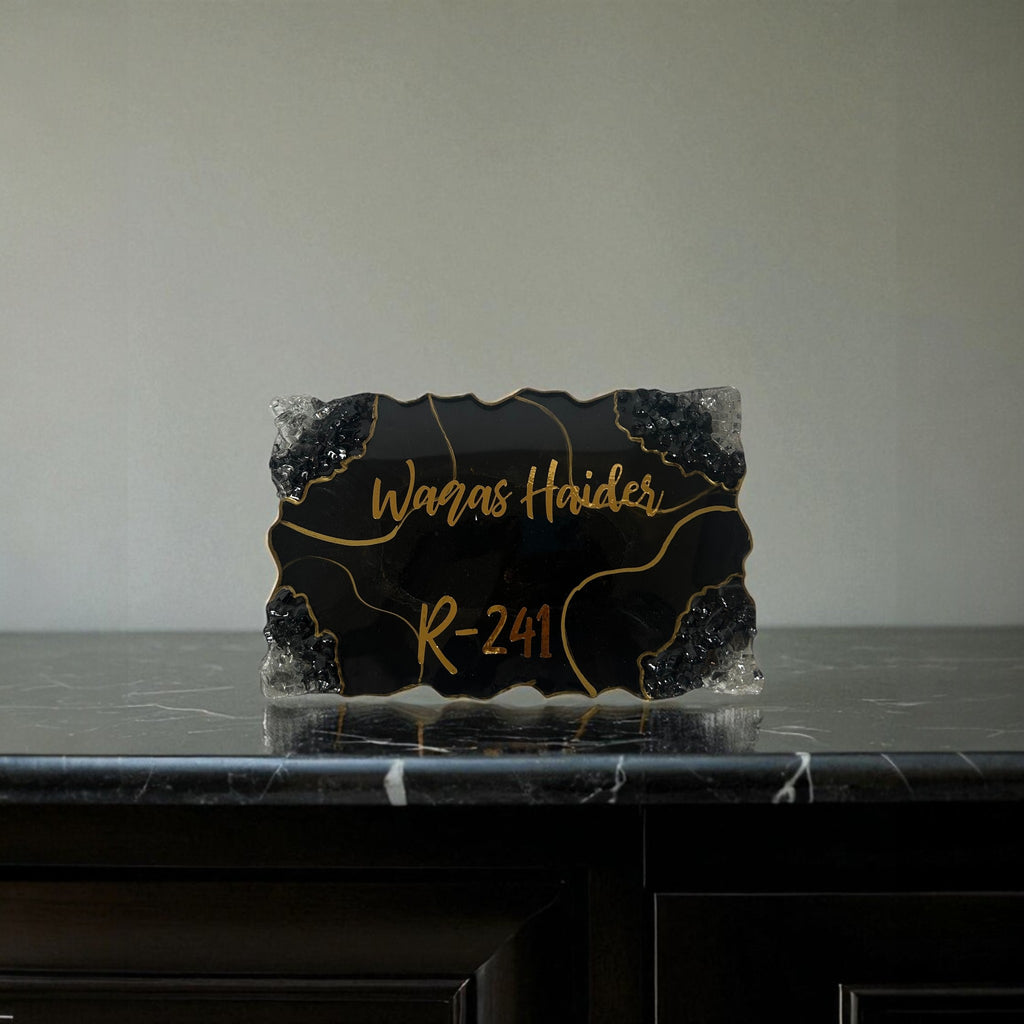 Custom Resin Home Name Plate – Black & Gold with Crystal Accents