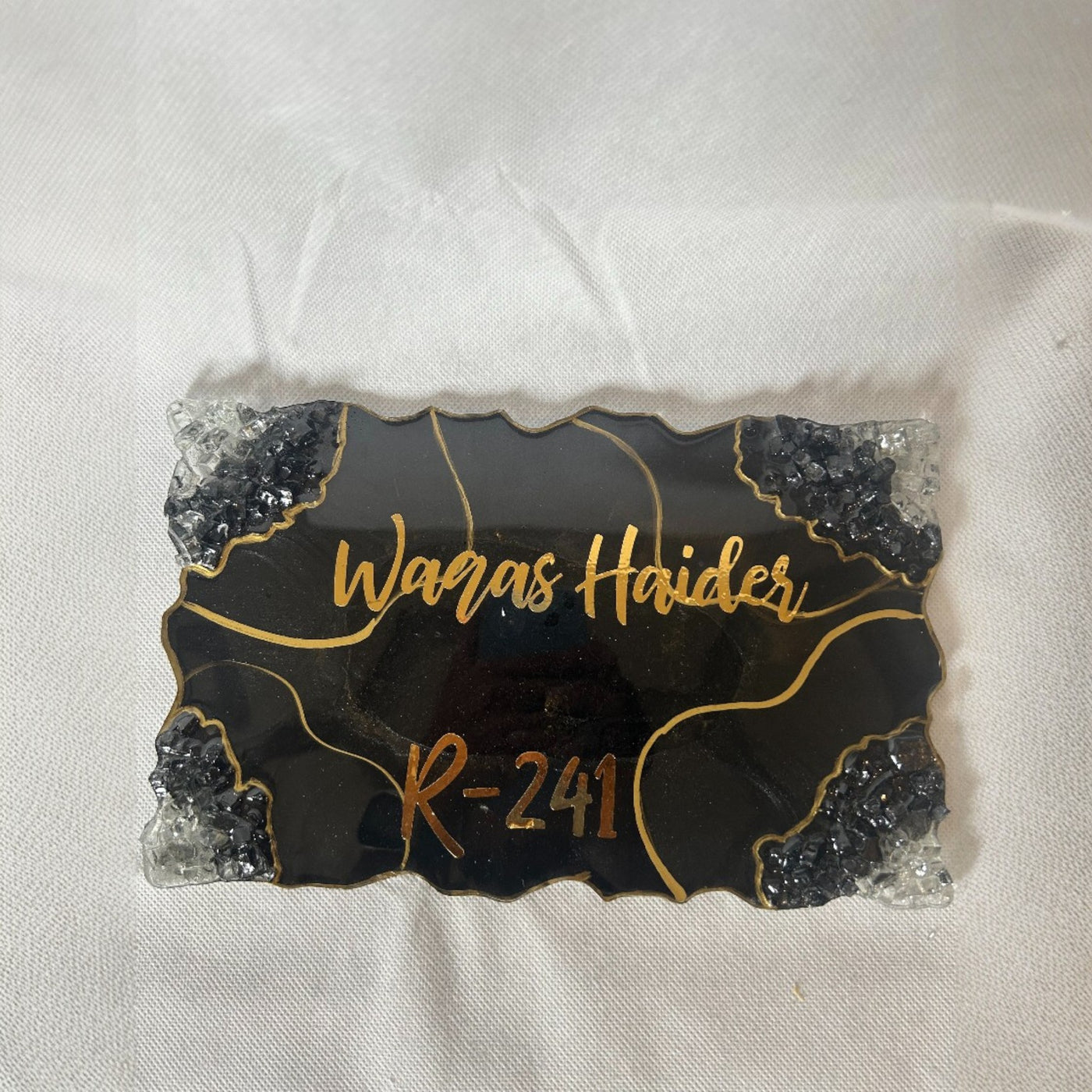 Custom Resin Home Name Plate – Black & Gold with Crystal Accents