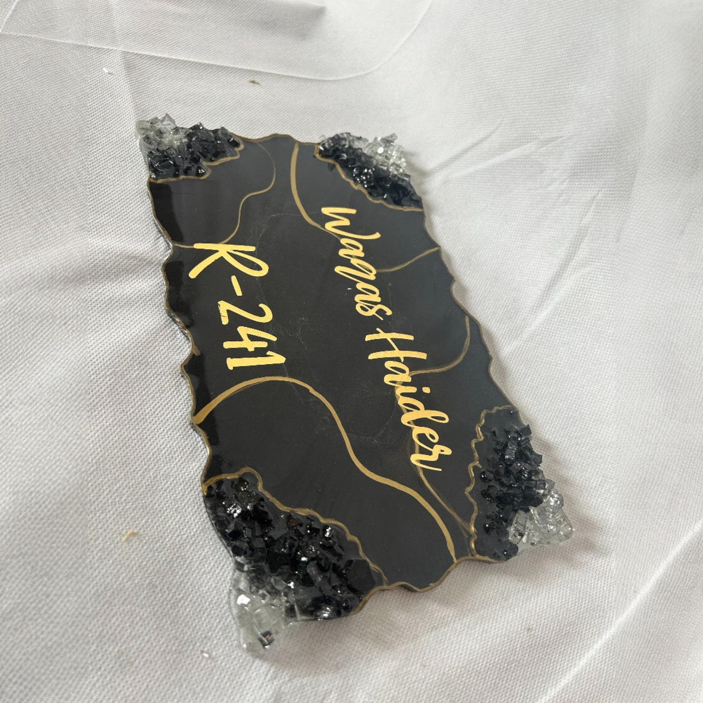 Custom Resin Home Name Plate – Black & Gold with Crystal Accents