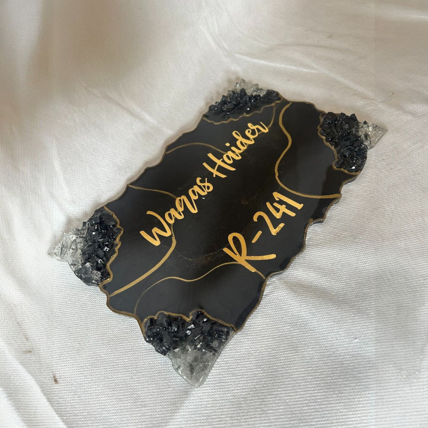 Custom Resin Home Name Plate – Black & Gold with Crystal Accents
