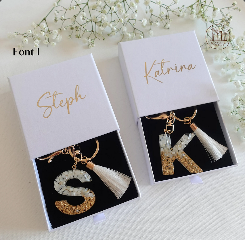 Custom Handmade Resin Alphabet Keychain with Tassel – Personalized Initial Keyring Gift for Her | Birthday, Bridesmaid, or Mother’s Day Gift Box