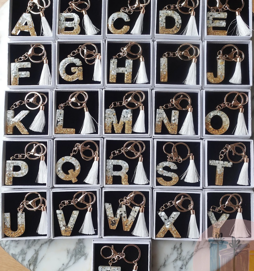 Custom Handmade Resin Alphabet Keychain with Tassel – Personalized Initial Keyring Gift for Her | Birthday, Bridesmaid, or Mother’s Day Gift Box