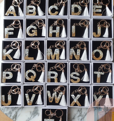 Custom Handmade Resin Alphabet Keychain with Tassel – Personalized Initial Keyring Gift for Her | Birthday, Bridesmaid, or Mother’s Day Gift Box