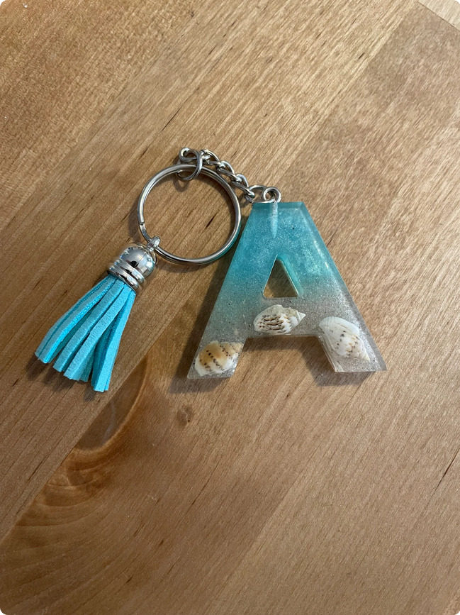 Ocean-Inspired Resin Initial Keychain with Real Seashells – Personalized Letter Keyring | Coastal Gift for Her,