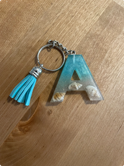 Ocean-Inspired Resin Initial Keychain with Real Seashells – Personalized Letter Keyring | Coastal Gift for Her,