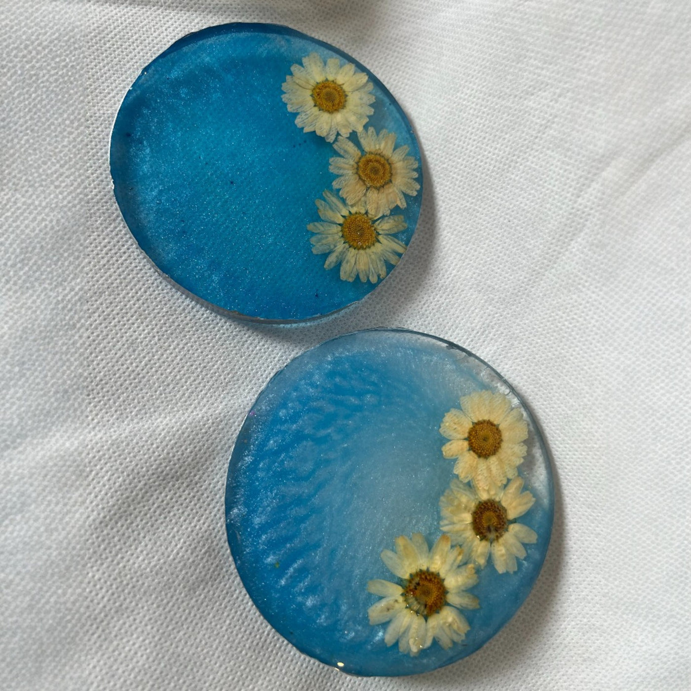 Sea Blue Resin Tea Coaster Set – Round Shape with Real white Preserved Flowers (2 Pieces)