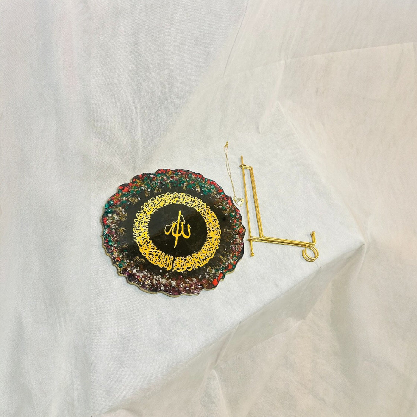 13" Black & Gold Ayat ul Kursi Resin Plaque  with Multicolor Stones & Gold Stand