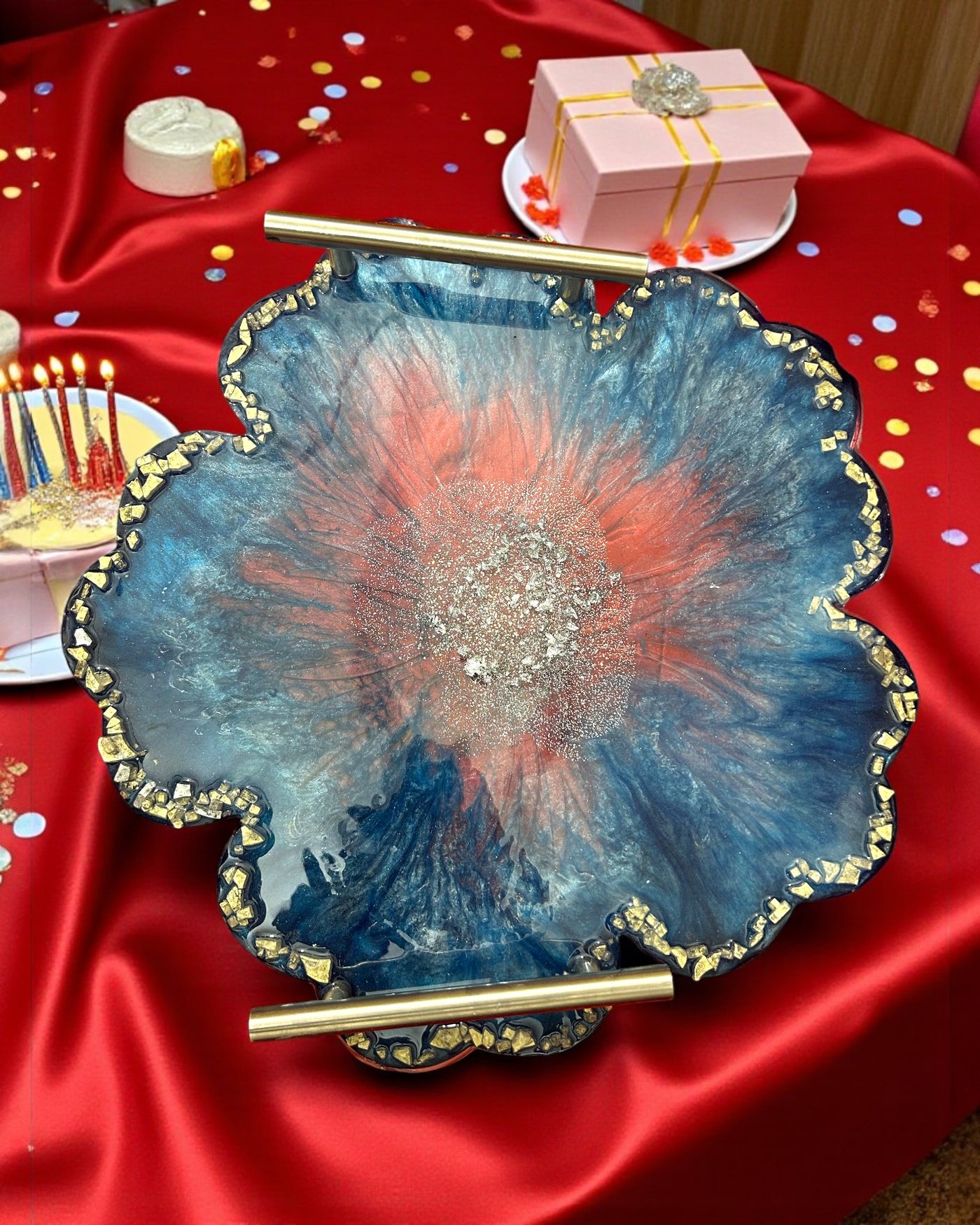 Handmade Resin Serving Tray – Blue Floral Design with Metal Handles