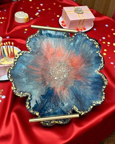 Handmade Resin Serving Tray – Blue Floral Design with Metal Handles