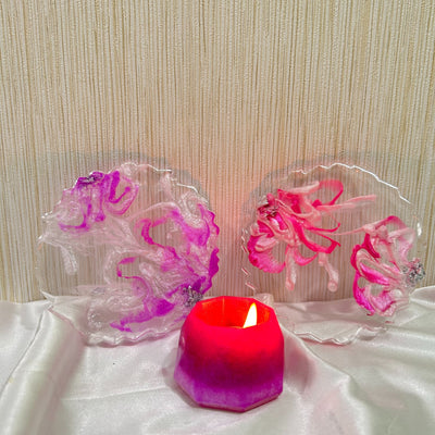 set of two Pink Sparkle flower crystal Tea coasters, handmade epoxy resin coasters, 6” diameter, light pink coaster sets of 2 with free candle