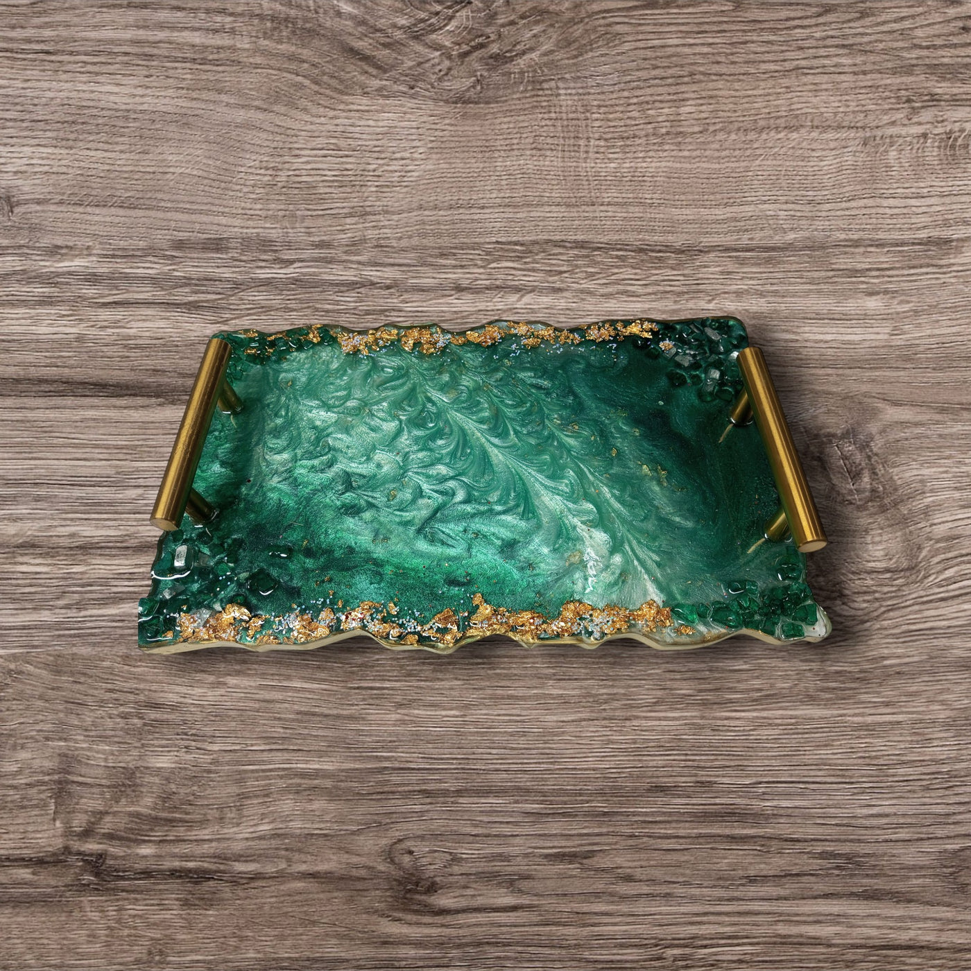 Luxurious Emerald Green Resin Tray with Ornate Gold Handles | Decorative Customized Tray | Handmade Epoxy Art Tray | Gift for Her