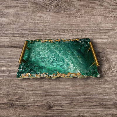 Luxurious Emerald Green Resin Tray with Ornate Gold Handles | Decorative Customized Tray | Handmade Epoxy Art Tray | Gift for Her