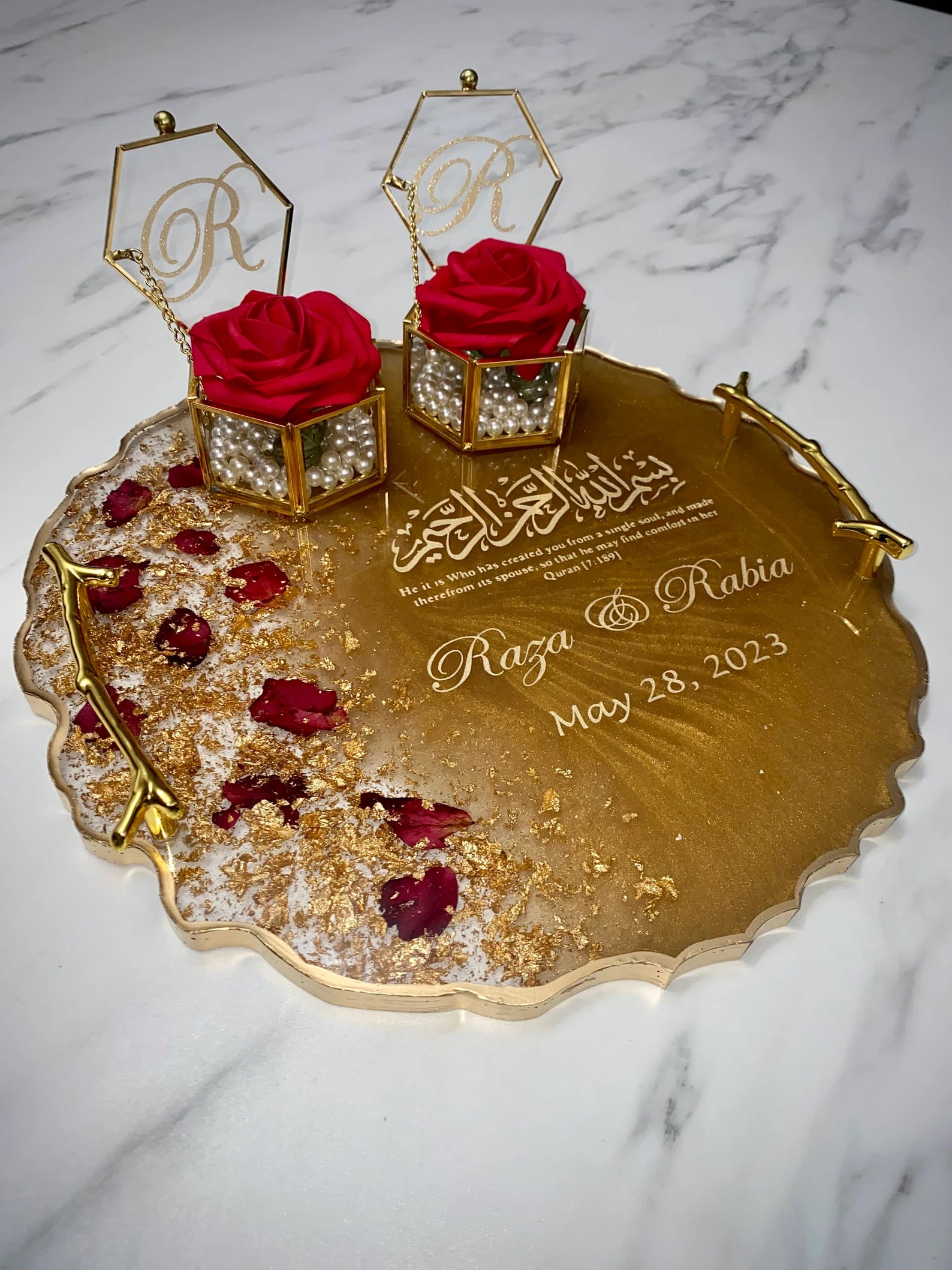 Round custom resin ring plate | Nikkah | Wedding | Personalise | Gift | Bespoke | Luxury | Home decor | Vanity Tray
