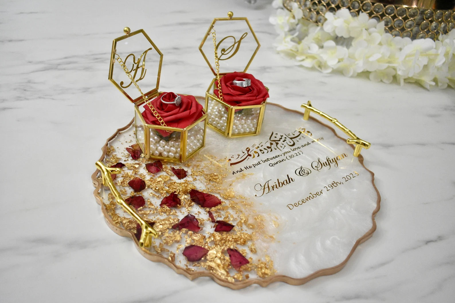 Round custom resin ring plate | Nikkah | Wedding | Personalise | Gift | Bespoke | Luxury | Home decor | Vanity Tray