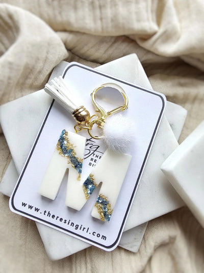 Personalized Resin Alphabet Keychain – Initial Letter Charm with Tassel & Pom Pom