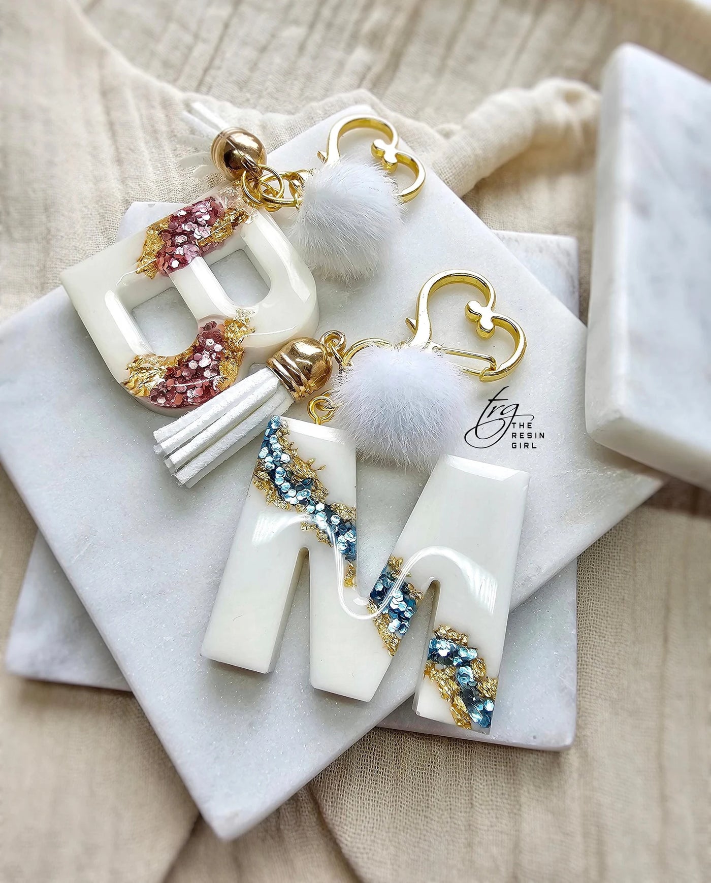 Personalized Resin Alphabet Keychain – Initial Letter Charm with Tassel & Pom Pom