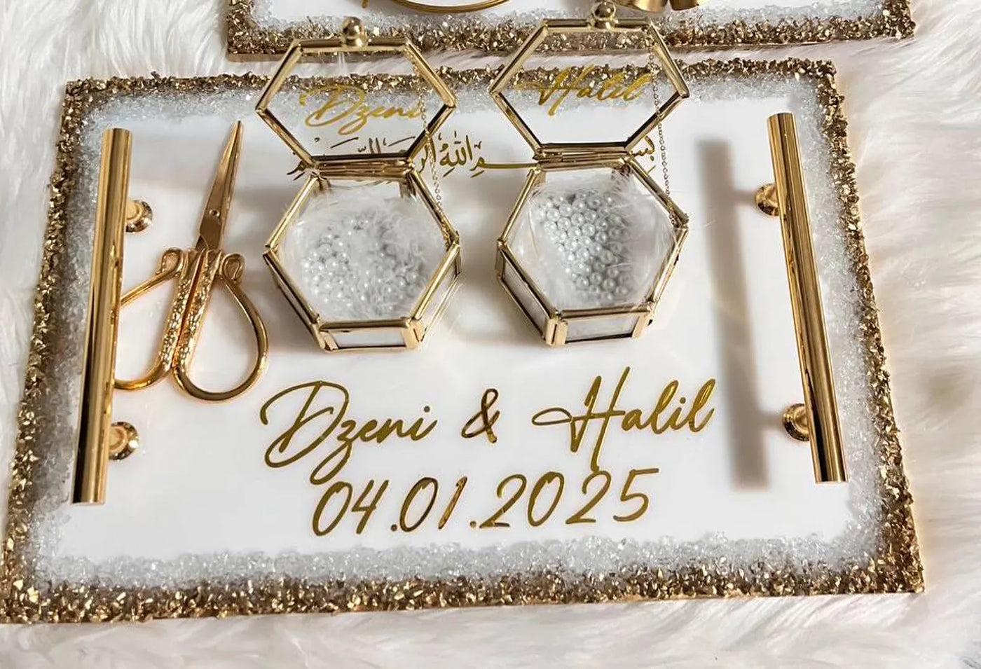 Premium Wedding Nikah Ring Tray – Customized with Names & Date-with beautiful ring holder