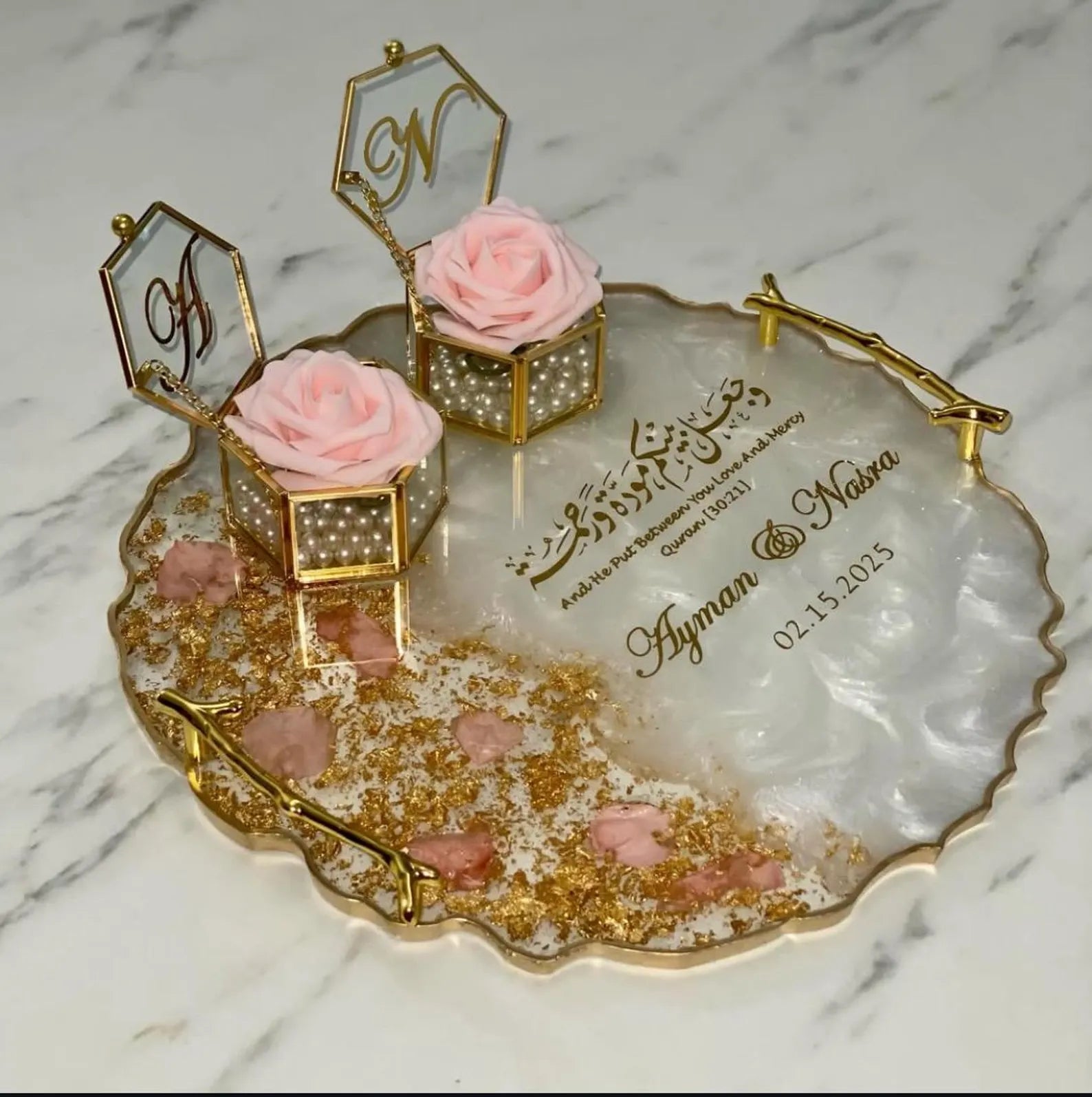 Round custom resin ring plate | Nikkah | Wedding | Personalise | Gift | Bespoke | Luxury | Home decor | Vanity Tray