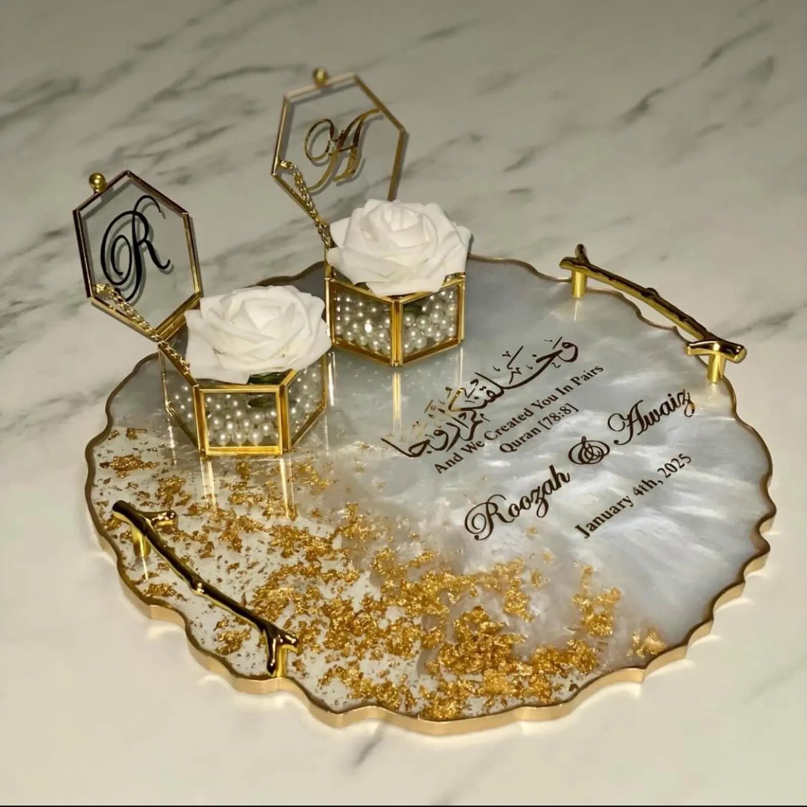 Round custom resin ring plate | Nikkah | Wedding | Personalise | Gift | Bespoke | Luxury | Home decor | Vanity Tray