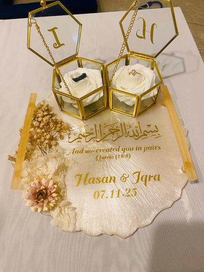 Personalized Islamic Nikkah Ring Tray – Luxury Resin Base with Gold Ring Boxes & Quran Verse (78:8)