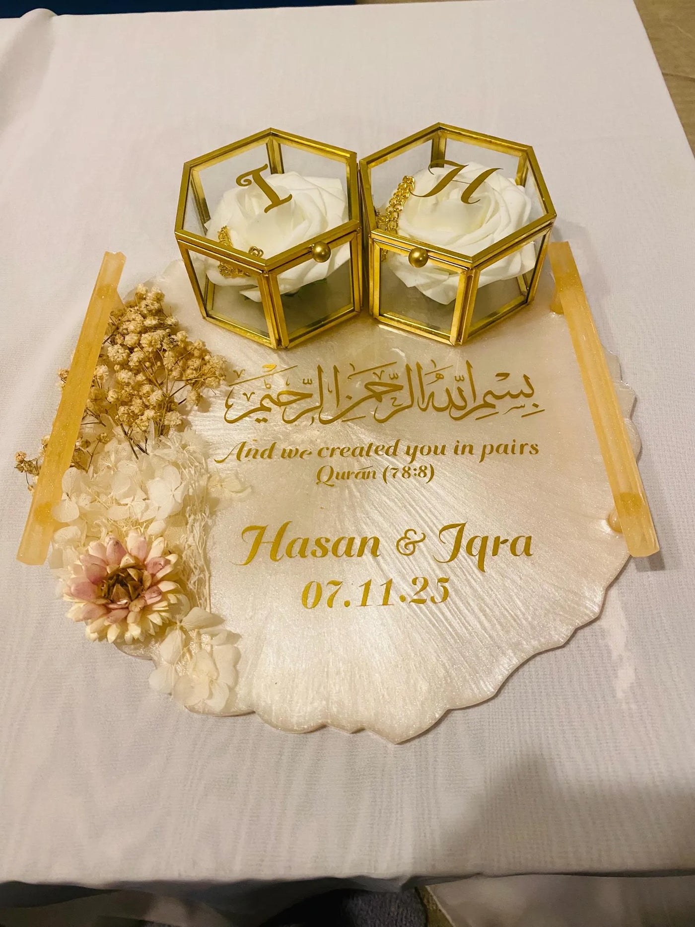 Personalized Islamic Nikkah Ring Tray – Luxury Resin Base with Gold Ring Boxes & Quran Verse (78:8)