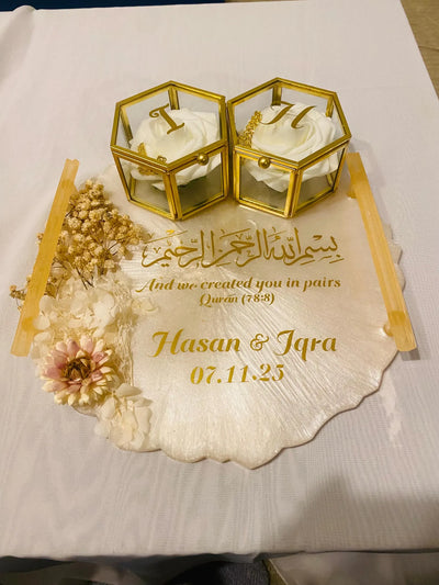 Personalized Islamic Nikkah Ring Tray – Luxury Resin Base with Gold Ring Boxes & Quran Verse (78:8)