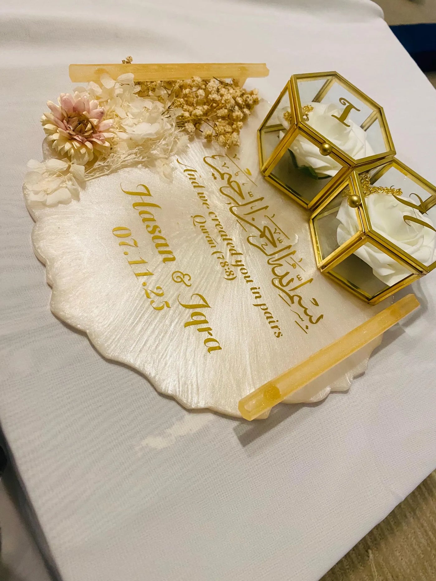 Personalized Islamic Nikkah Ring Tray – Luxury Resin Base with Gold Ring Boxes & Quran Verse (78:8)