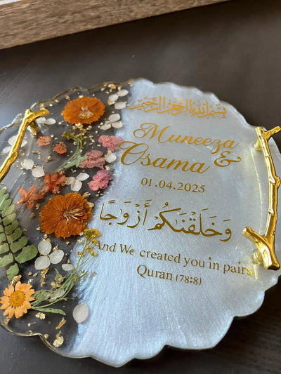 Custom Islamic Resin Nikkah Tray – Floral Preserved Design with Gold Handles & Quran Verse (78:8)
