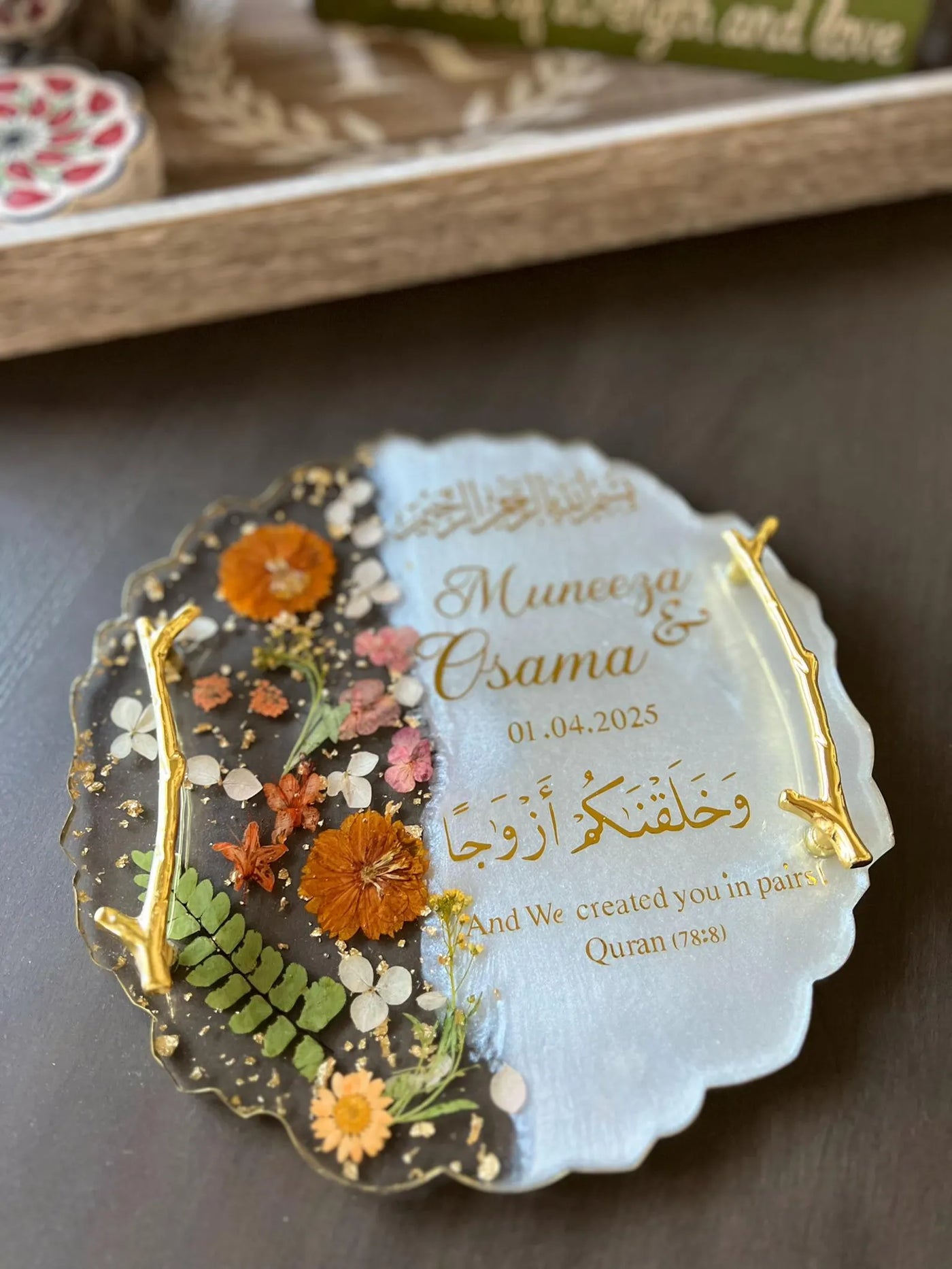 Custom Islamic Resin Nikkah Tray – Floral Preserved Design with Gold Handles & Quran Verse (78:8)
