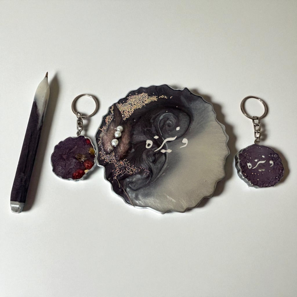 Custom Name Resin Gift Set – Coaster, Keychains & Pen,Resin Personalised Coaster & Keychain  ,
