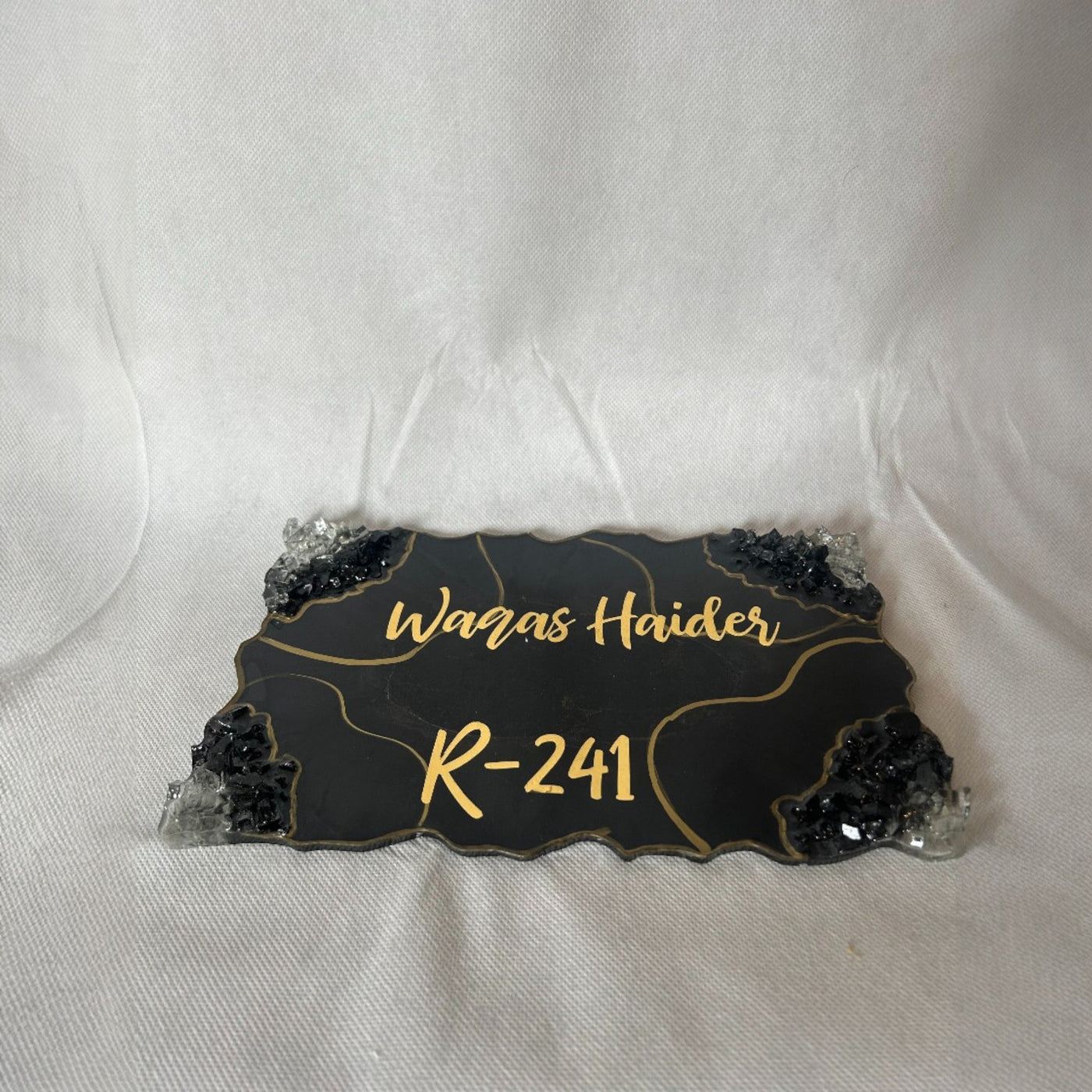 Custom Resin Home Name Plate – Black & Gold with Crystal Accents