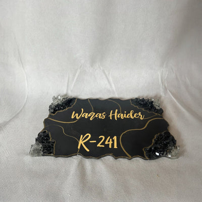 Custom Resin Home Name Plate – Black & Gold with Crystal Accents
