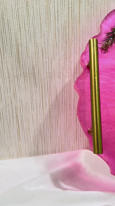 Round 14" Pink Resin Vanity Tray with Flowers & Gold Handles