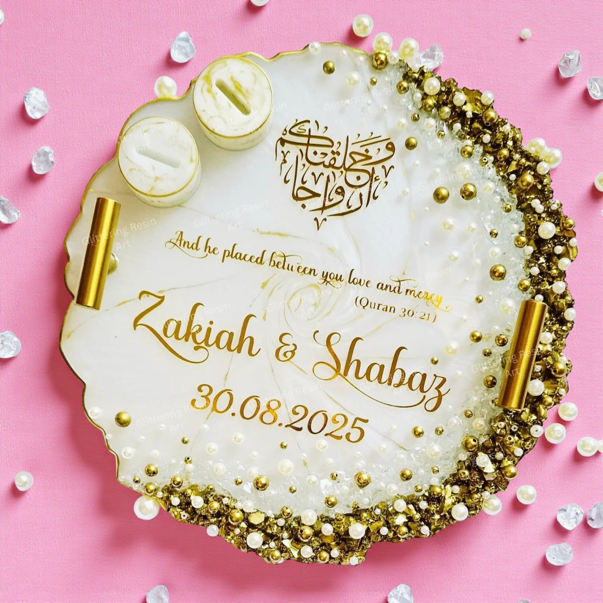 Personalized 13-Inch Resin Wedding Ring Tray with Crystals & Pearls, Nikah Engagement Decor