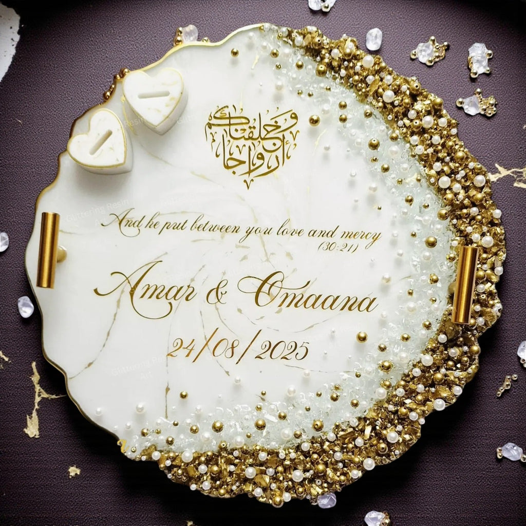 Personalized 13-Inch Resin Wedding Ring Tray with Crystals & Pearls, Nikah Engagement Decor