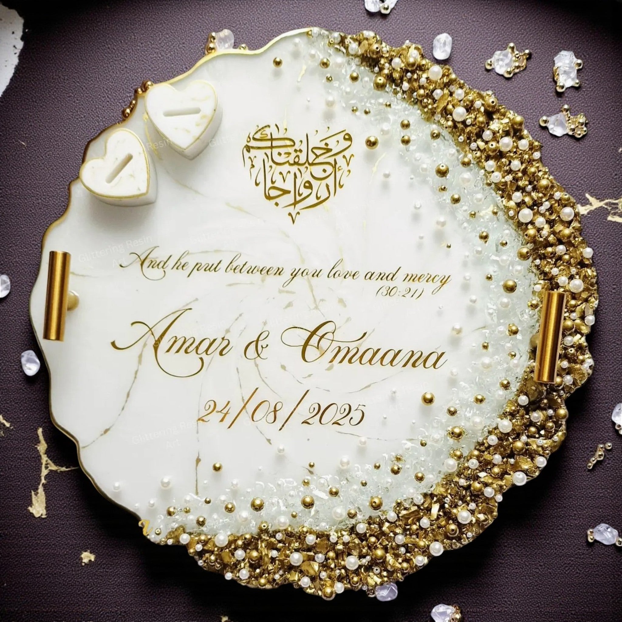 Personalized 13-Inch Resin Wedding Ring Tray with Crystals & Pearls, Nikah Engagement Decor