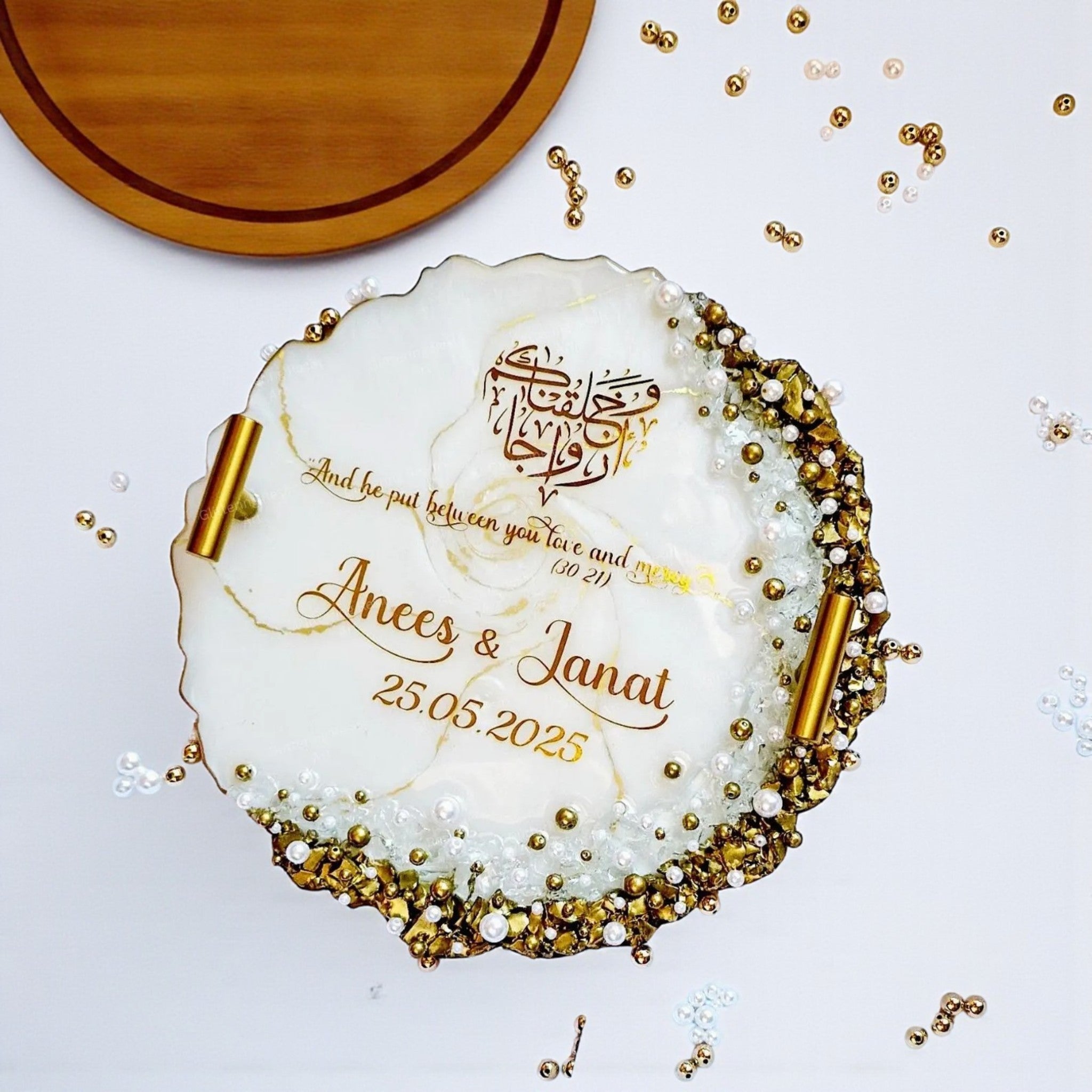 Personalized 13-Inch Resin Wedding Ring Tray with Crystals & Pearls, Nikah Engagement Decor