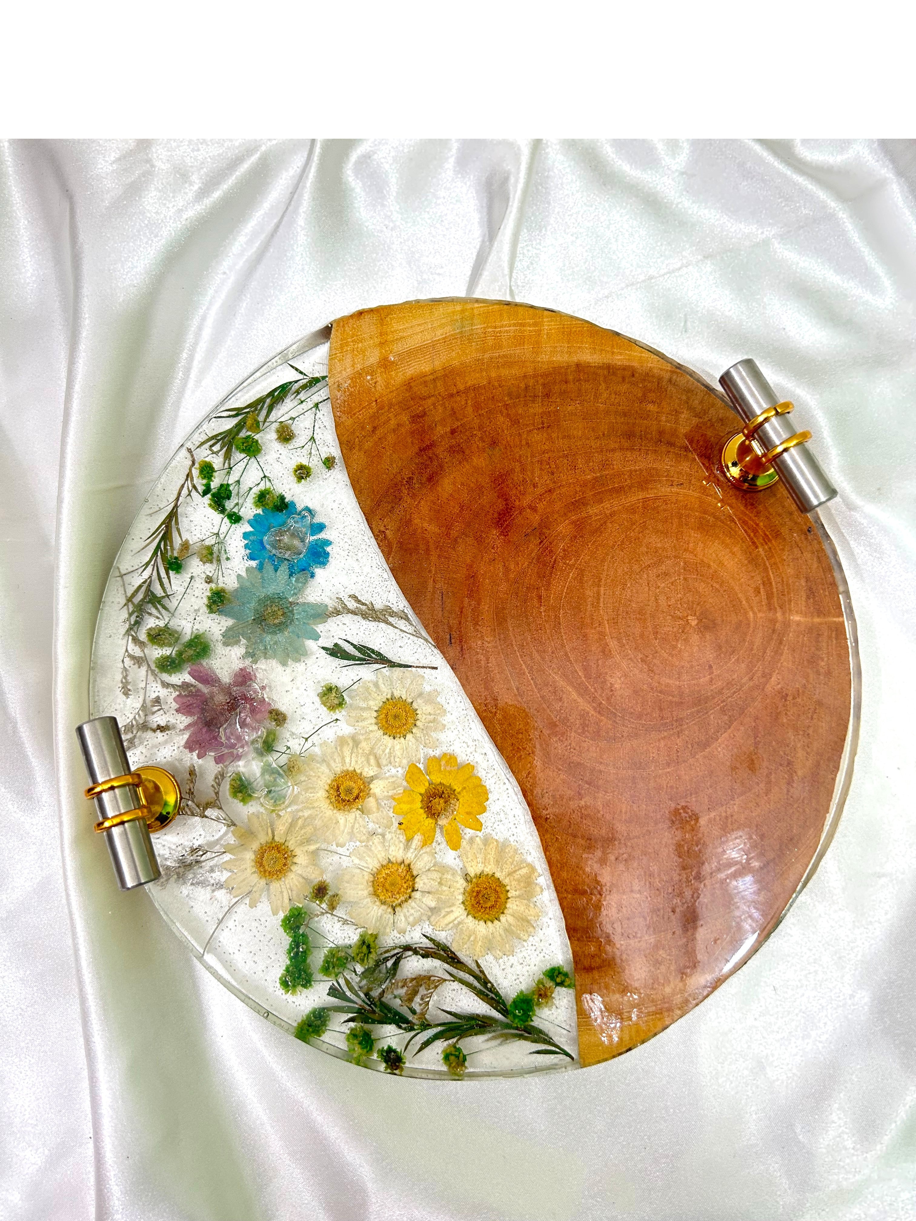 Handcrafted Round Epoxy Resin Tray half wood and half transparent with pressed flowers